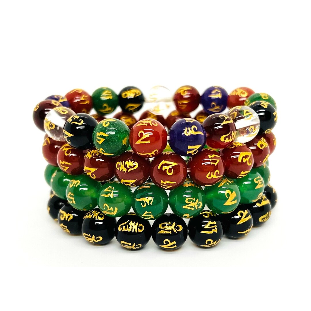 10mm Om Mani Padme Hum Protection and Luck Energy Stack Agate Bracelet, Chakra Healing 4 PC