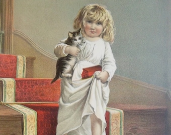 LITTLE GIRL Her Pets Family Puppy Dog Kitten - Victorian Era 12" x 17" Beautiful Color Litho Print