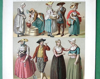 HOLLAND 19th C Dutch Costume Milkmaid Zeelanders Fishermen Servant - 7.5&quot; x 8.5&quot; 1878 COLOR Lithograph Print by A. Racinet