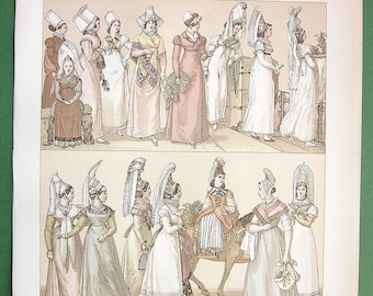 NORMANDY France French Women Costume Fashion Rouen Le Havre Dieppe Regions - 7.5" x 8.5" 1878 COLOR Lithograph Print by A. Racinet