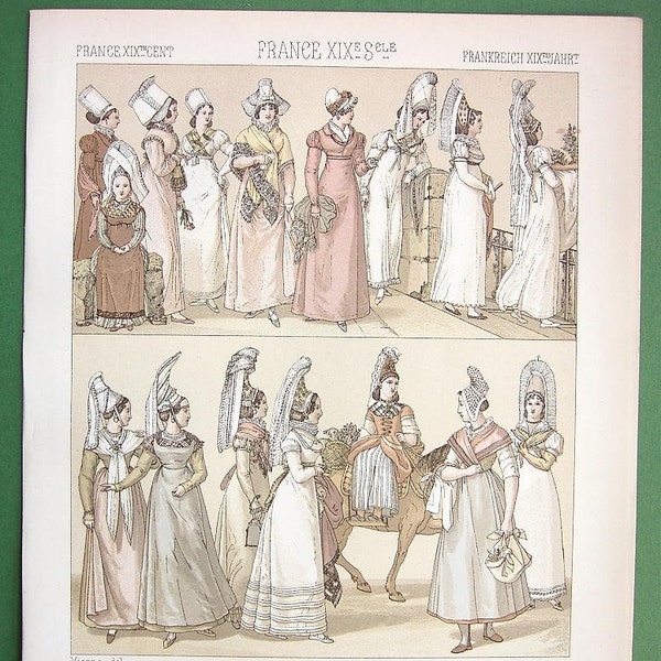 NORMANDY France French Women Costume Fashion Rouen Le Havre Dieppe Regions - 7.5" x 8.5" 1878 COLOR Lithograph Print by A. Racinet