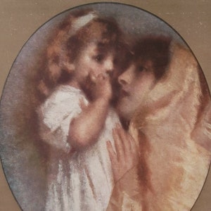 May include: A painting depicting a woman holding a young girl. The woman is wearing a light brown shawl and the girl is wearing a white dress. The painting is executed in a soft, muted colour palette.