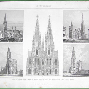 ARCHITECTURE European Gothic Cathedrals Cologne Strasbourg Antwerp Vienna  - 1870s Original Engraving Print