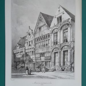 FRANCE Caen Street W/ Renaissance Houses Mansions - 1840 SUPERB Original Lithograph Print