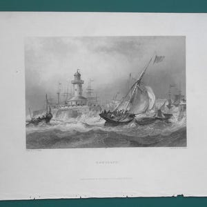 May include: A black and white nautical print depicting a harbor scene with a lighthouse, boats, and choppy water. The print features a lighthouse on a stone pier, several sailboats, and other ships. The title "RAMSGATE" is printed at the bottom.