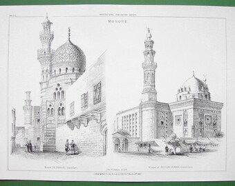 ARCHITECTURE Arab Mohammedan Mosque El Habakee & Sultan Hassan Cairo Egypt - 1860s Scarce Lithograph Print