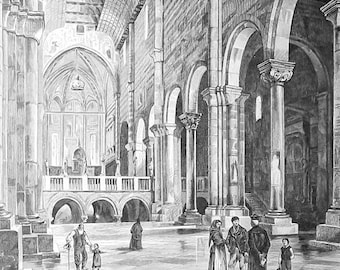 ITALY Verona Interior of San Zeno Romanesque Architecture Church - 1888 Xylograph Wood Engraving Print