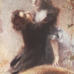 May include: An oil painting showing two figures in a close embrace. One figure, with dark hair, is in the foreground, while a lighter-haired figure leans over them. The artwork has a soft light and a warm colour palette.