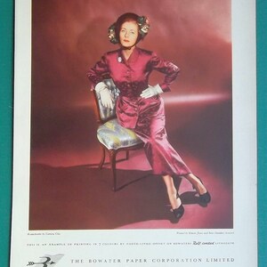 LADY in RED Fashion Advertisement for Bowater Paper Corporation of London - 1952 COLOR Print Vintage