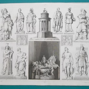 SCULPTURE ART Europe 19th C Statues Mozart Duquesne Leda Swan Ino Bacchus Bavaria Burns - 1844 SUPERB Original Antique Print