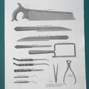 May include: An antique illustration of surgical tools, including saws, knives, and forceps. The image is in black and white, with detailed depictions of various instruments used in medical procedures. The text "SURGERY" is at the top.