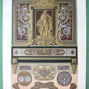 LUXURY FURNITURE Baroque Marquetry by Boulle -  COLOR Lithograph Antique Print by A. Racinet