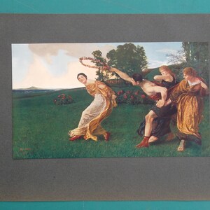 May include: A framed print of a classical painting depicting figures in a grassy field. A woman in a flowing gold dress and red shoes is being pursued by a man. Other figures are in the background, with a landscape of trees and sky.