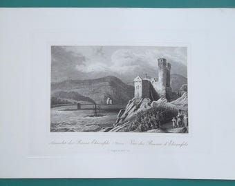 GERMANY Ruins of Ehrenfels Castle on Rhine River - 1846 Antique Print Intaglio Engraving