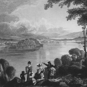 May include: A black and white engraving depicting a scenic landscape with a river winding through rolling hills. The river is surrounded by trees and a small village in the distance. In the foreground, a group of people stand on a hill overlooking the scene.