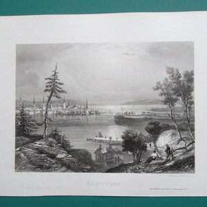 NEW YORK City & Harbor - 1850 Scarce Antique Print Intaglio Engraving