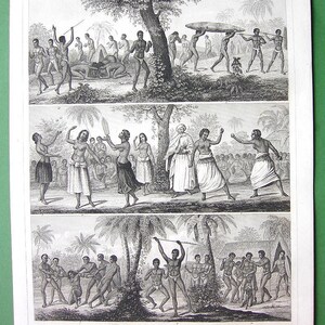 PACIFIC ISLANDS Natives Costume Women Combat at Tonga Australia Aborigines  - 1844 SUPERB Original Antique Print