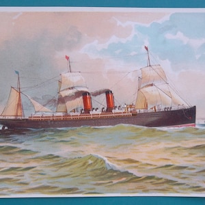 May include: A vintage illustration of a large steamship sailing on a choppy sea. The ship has white sails and a black hull with red accents. The sky is a light blue with white clouds.