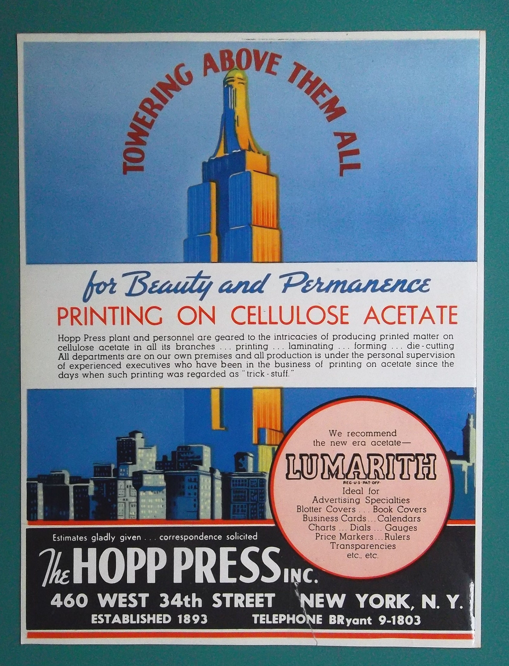 1940 Color Advertisement - HOPP PRESS Inc of New York Printers