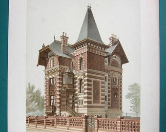 ARCHITECTURE Brick Villa at Bouzeval dept. Calvados by Architect Lingery - 1878 SUPERB COLOR Lithograph Print