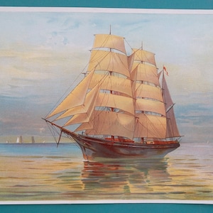 May include: A vintage illustration of a large sailing ship with billowing white sails on a calm blue sea. The ship is sailing away from the viewer, with the sun shining on the water.