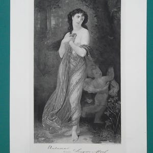 AUTUMN QUEEN Young Maiden in Forest Falling Leaves Cupid - 1880 Antique Print Photogravure