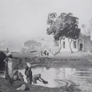 FELLAH WOMEN Drawing Water at Senouhres Egypt after Gerome - 1881 SUPERB Photogravure Antique Print