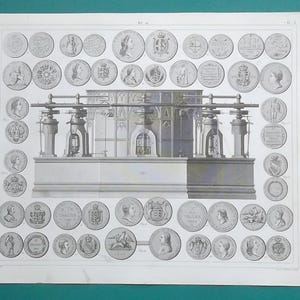 May include: An antique print featuring a central architectural illustration flanked by numerous detailed coin illustrations. The coins display various portraits and heraldic designs, showcasing historical numismatic art. The print is in black and white.