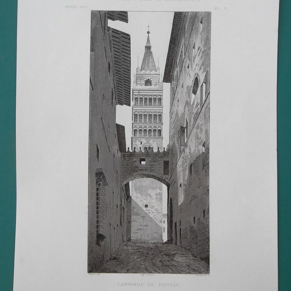 ITALY Pistoia Campanilla Bell Tower Architecture - 1873 Steel Engraving Print Intaglio 10 x 13"  (25 x 33 cm)