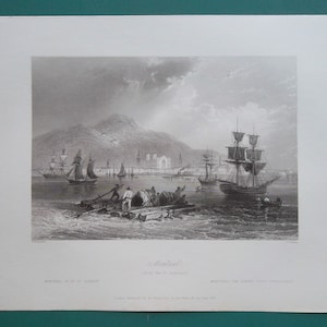 CANADA Montreal View from St. Lawrence River Sailship Boats - 1841 Antique Print Engraving by Bartlett