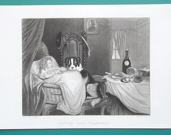 SLEEPING BABY  Dog Guarding Fidelity - 1860s Steel Engraving Print