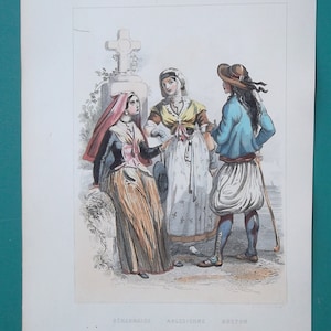 COSTUME Fashion France Basque Girl Amiens Brittany Man - 1850 COLOR Antique Print Intaglio Engraving Ethnography