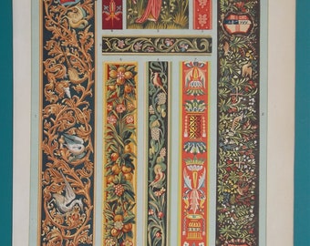 ORNAMENTAL BORDERS Gothic Renaissance Tapestries French German - 1882 COLOR Lithograph Antique Print