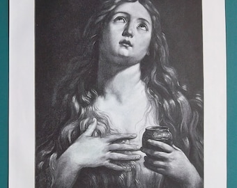 SAINT MAGDALENA after Painter Guido Reni - 1890s VICTORIAN Era Print German Xylograph Engraving