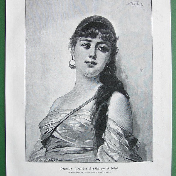 ORIENTAL BEAUTY Eastern Maiden Pascuccia after Painting by Nathaniel Sichel - 1890s VICTORIAN Era Print German Engraving Xylograph