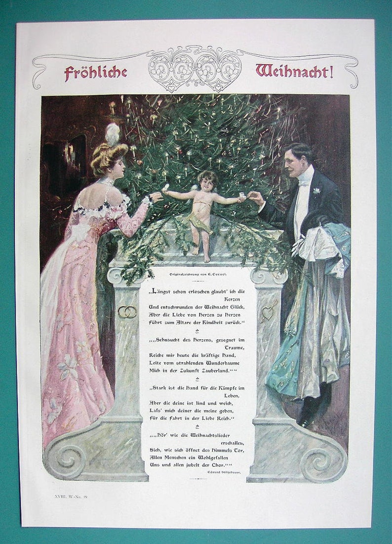 COLOR 1890s Victorian Era Antique Print Xylograph Engraving MERRY CHRISTAMS Young Couple Xmas Tree /& Cherub