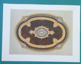 MARQUETRY Inlaid Ebony Walnut Table Top w Mother-of-Pearl French Design - 1863 COLOR Antique Print