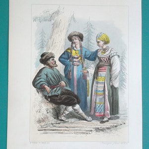 COSTUME Fashion Russia Ruussian Peasant Girls Women - 1850 COLOR Antique Print Intaglio Engraving Ethnography