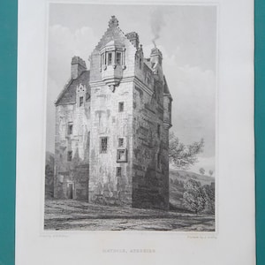 May include: A black and white engraving of a stone tower with a pointed roof. The tower has several windows and a small balcony. The tower is surrounded by trees and grass. The text "MAYBOLE, AYRSHIRE." is printed below the image.