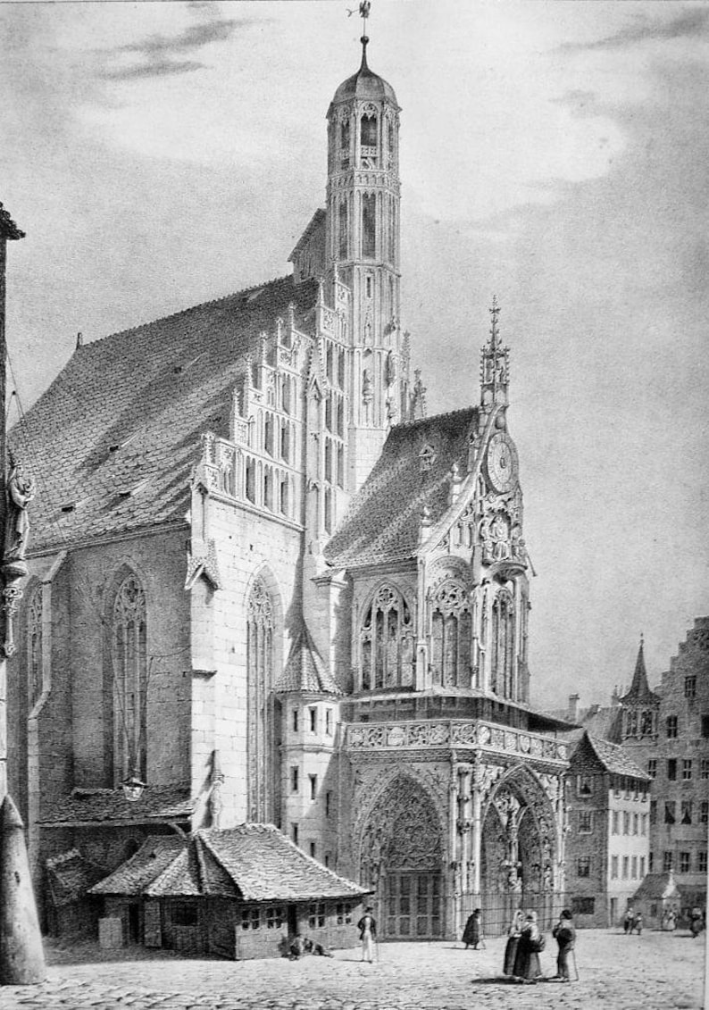 Lawrence Church GERMANY Nuremberg Nurnberg Notre Dame Cathedral St 1843 SUPERB Original Lithograph Print
