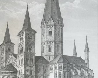 GERMANY Cathedral of Bonn - 1850 Antique Intaglio Print Engraving