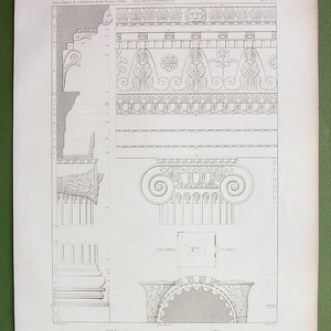 May include: A black and white architectural drawing of the Temple of Jupiter in Rome. The drawing shows details of the Ionic order, including the capital, base, and frieze. The drawing is labelled "Details de l'Ordre du Temple de Jupiter a Azan."