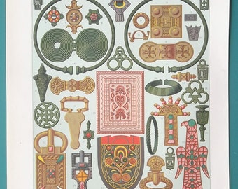 JEWELRY Accessories of Ancient Brits Gauls Celts Brittany Merovignian - 7.5&quot; x 8.5&quot;  1888 COLOR Lithograph Print by A. Racinet