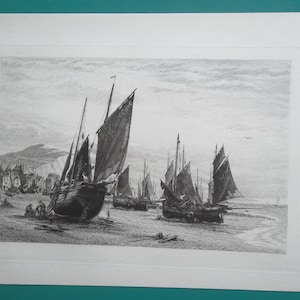 ENGLAND Fishing Boats at Hastings Sea Coast - 1882 Original Etching Print by Dobie