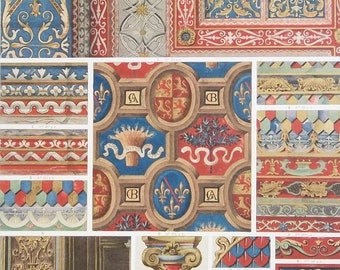 DECORATIVE PAINTINGS 16th C Halincourt Castle Rouen Palace of Justice Cluny Avignon etc - 1888 Color Litho Print