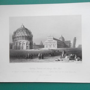ITALY Pisa Leaning Tower Cathedral Baptistery - 1844 Steel Engraving Intaglio Print