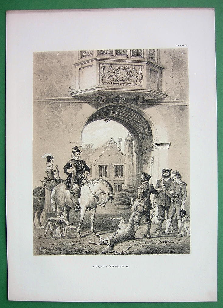 ENGLAND Charlecote Mansion Return from Deer Hunt  Warwickshire Elizabethan Period of Architecture - 1871 Scarce Lithograph Print Sepia Color