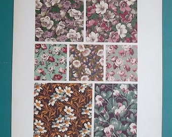 PRINTED FABRIC 19th Century Floral Flower Designs on Wool Muslin - COLOR Lithograph Antique Print by A. Racinet