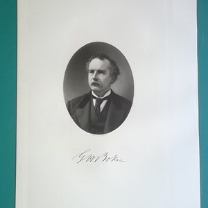 May include: A black and white portrait of a man in a suit and tie, set within an oval frame. The image is a print on white paper, with the signature "G.H. Boker" at the bottom.