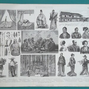 May include: A black and white illustration depicting various aspects of Japanese culture, including traditional clothing, weapons, architecture, and people. The image is divided into multiple sections, each showcasing a different element of Japanese life. The text "Ethnographie" and "Taf. 34" are visible at the top of the image.